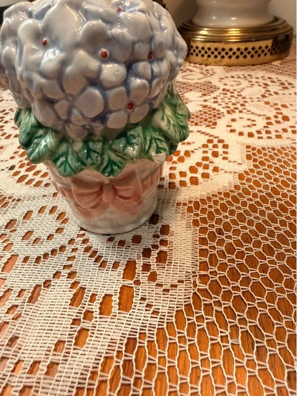 Vintage Blue Hydrangea Condiment Set Salt Pepper Shakers & Covered Jam Jar
